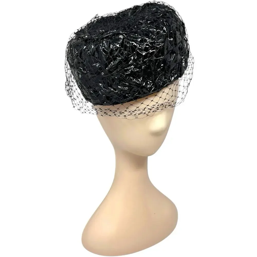 Vintage 60s Pillbox Hat Black Veil Mod Goth Old Money Cocktail - Picture 2 of 8